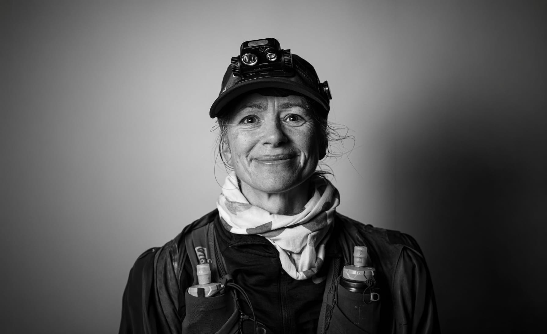 Chelle White in a race vest and headtorch after an ultra